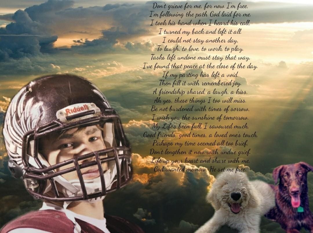 A football player and his dog are in front of the sky.